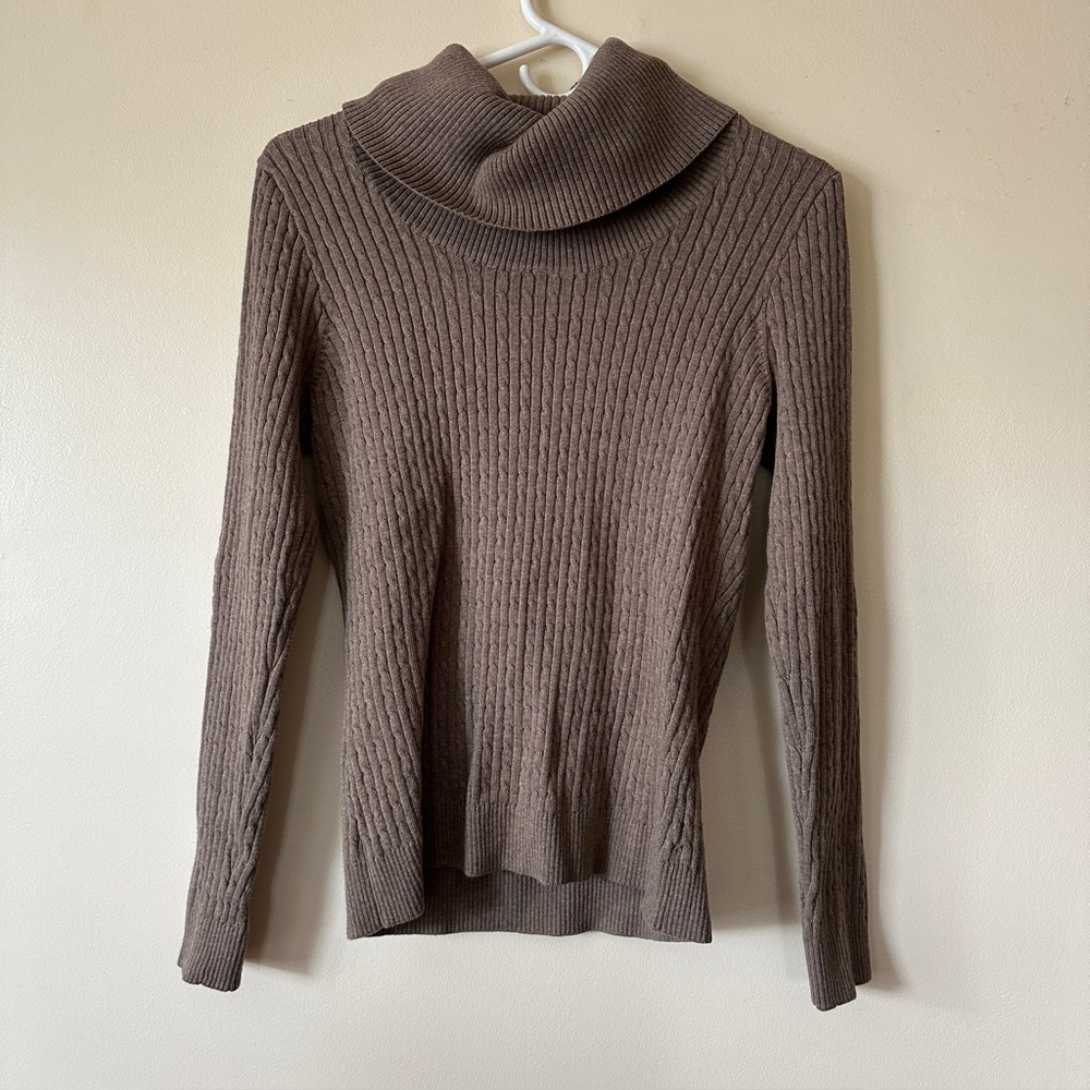 Jeanne Pierre Brown Cowl Neck Cable Knit Sweater